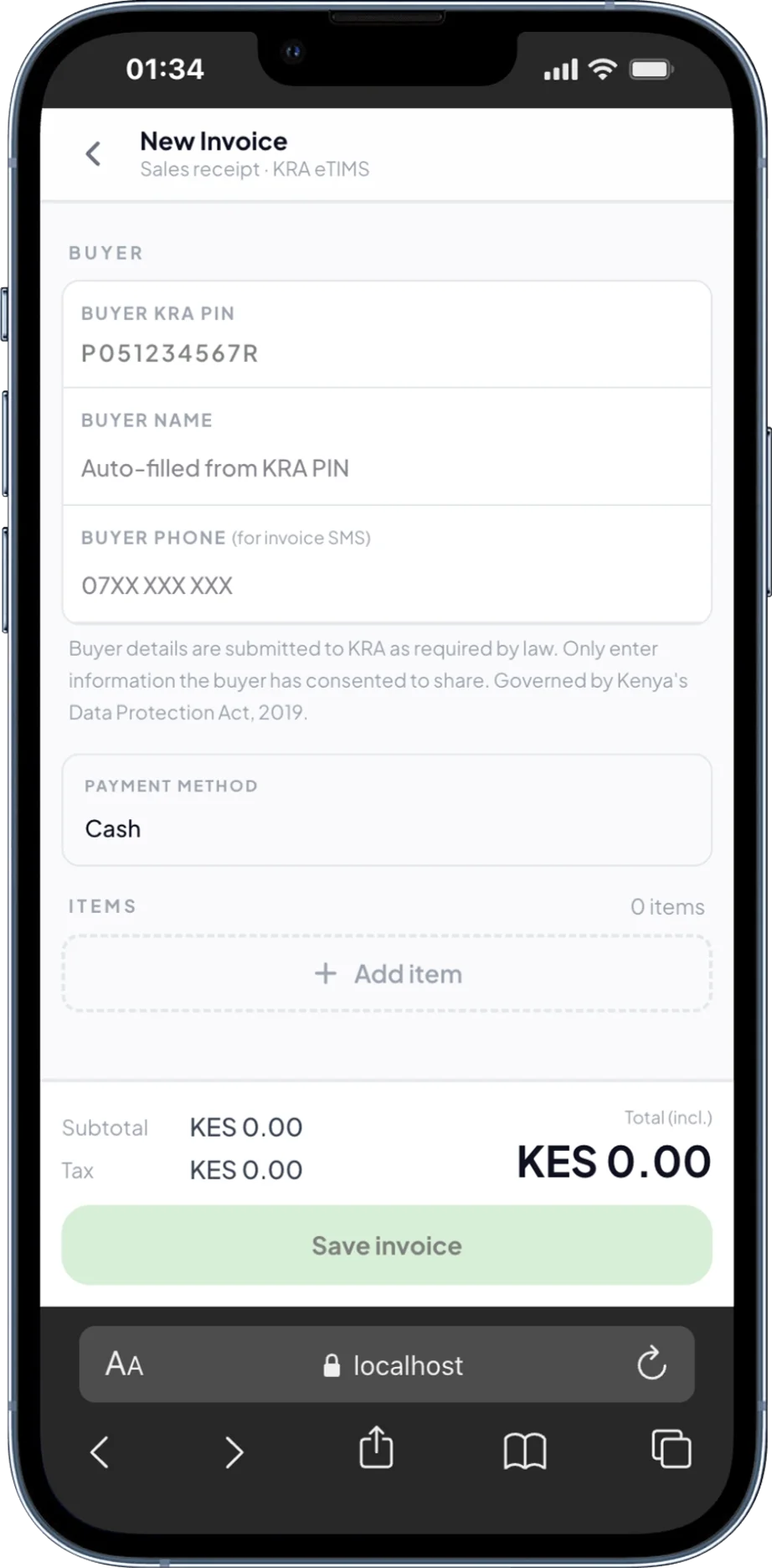 Risiti new invoice screen with buyer, items and totals