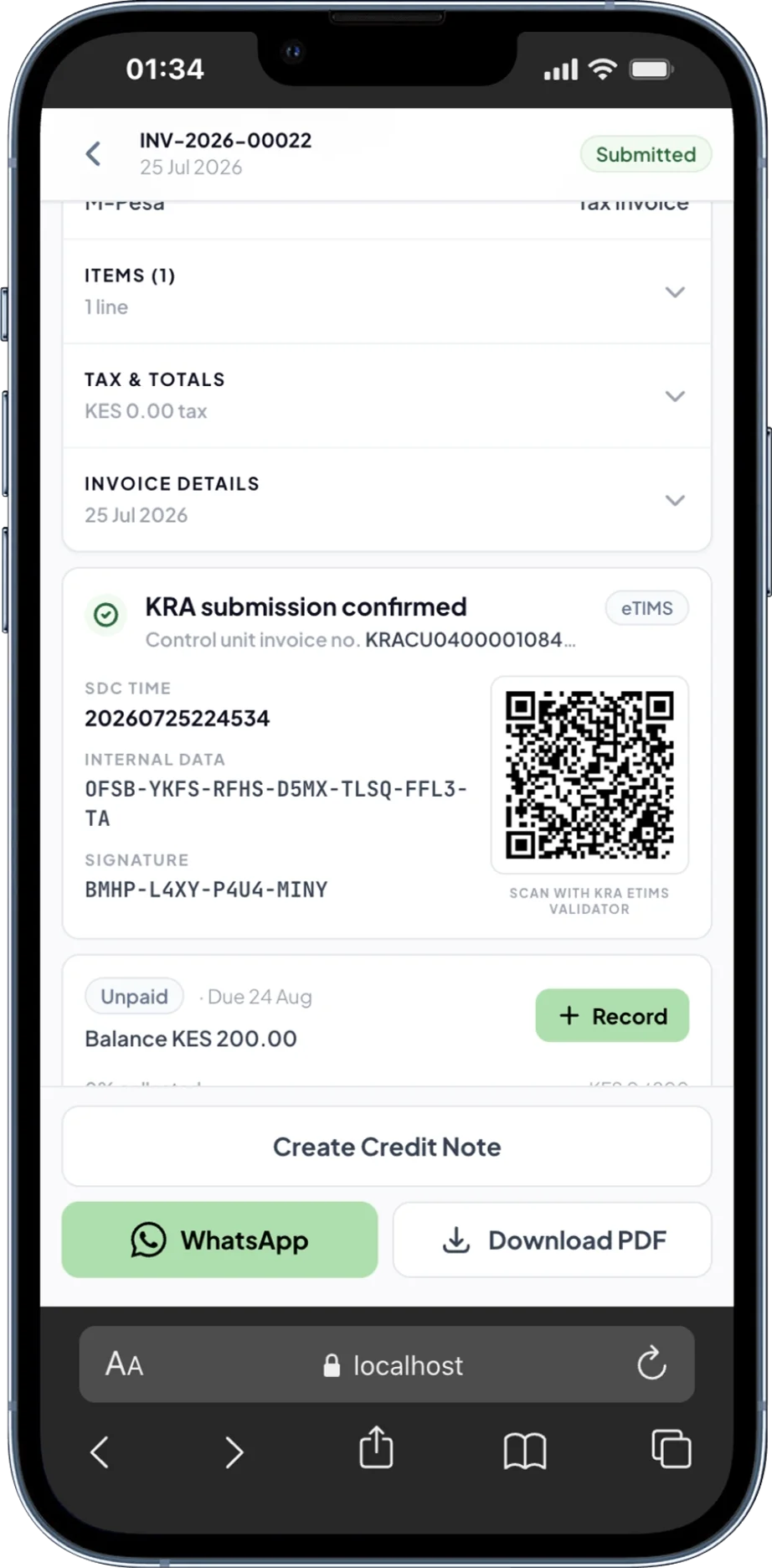 A KRA submission confirmation and digital receipt in Risiti